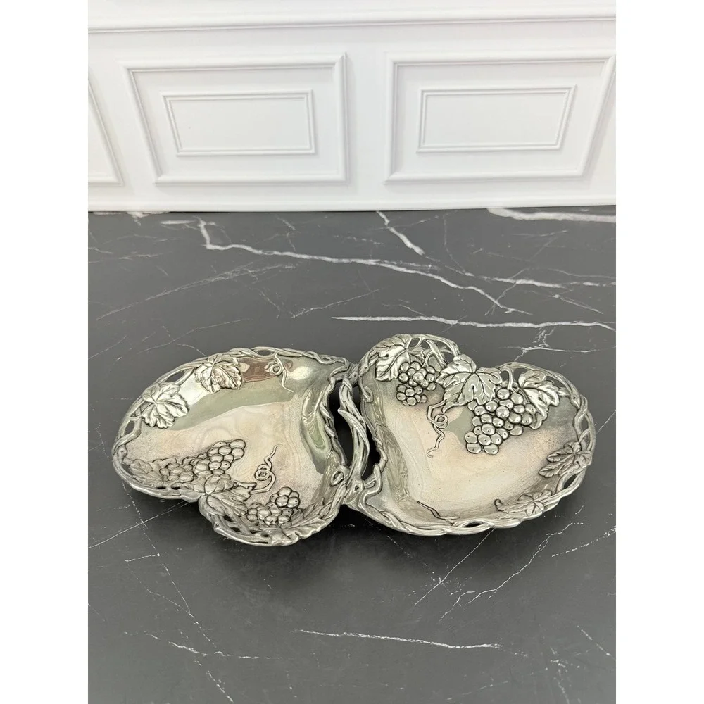 VTG Godinger Silverplate Double Heart Grapevine Trinket Jewelry Candy Dish 10X6